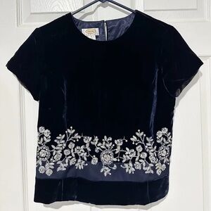 Talbots Navy Velvet Short Sleeve Top with Silver Floral Embellishment